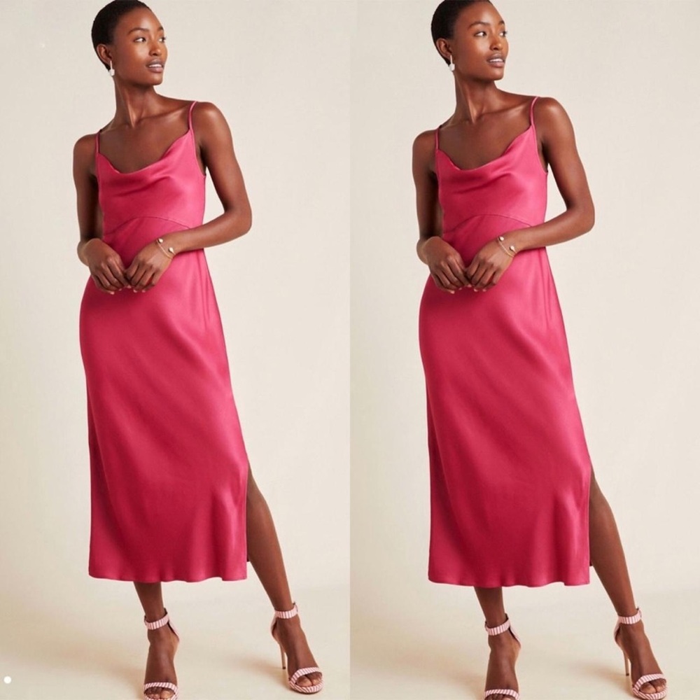 Anthropologie Satin Slip Midi Dress in Raspberry Pink